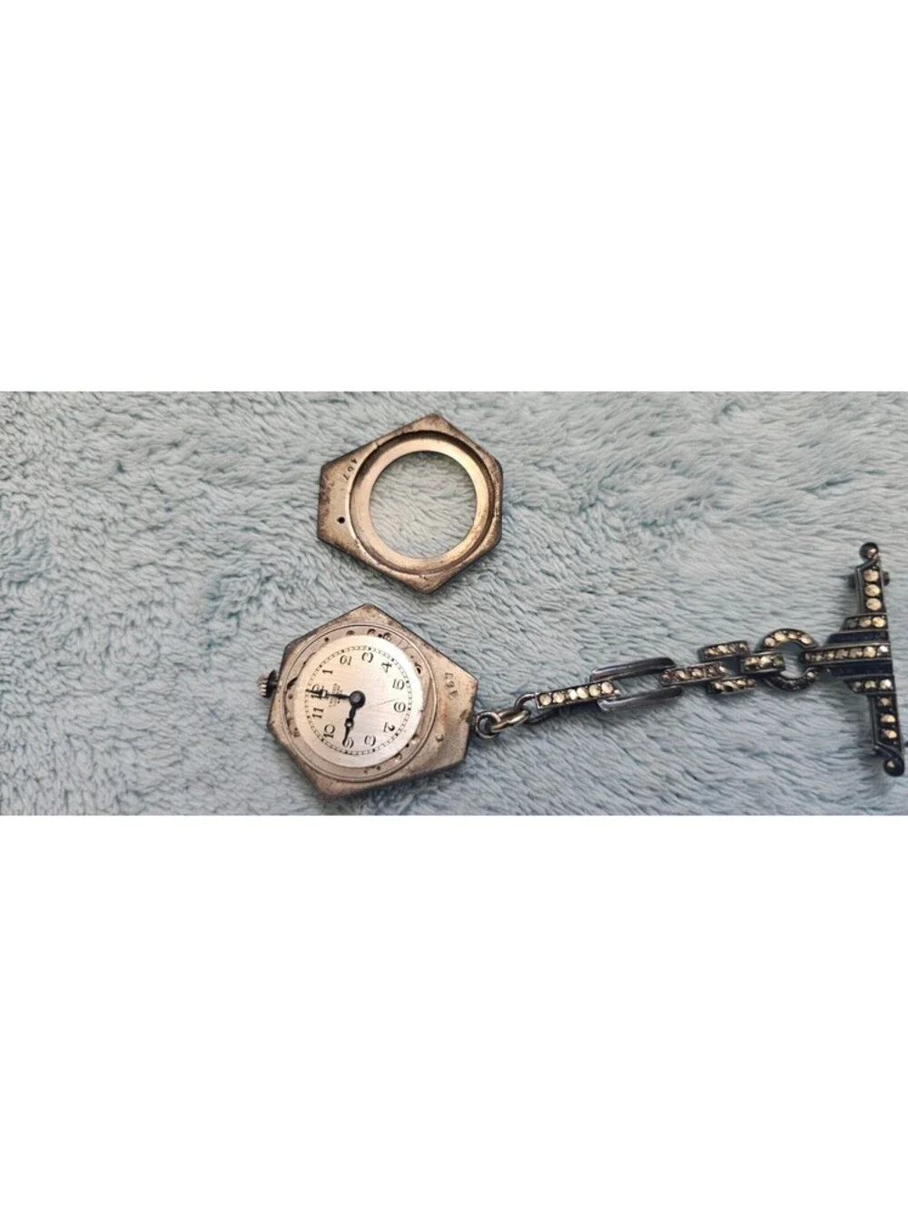 Vintage Hexagonal 1920s Art Deco C. Bucherer silver marcasite lapel watch READ